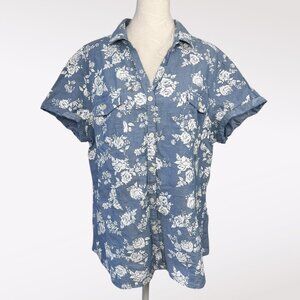 Faded Glory Blue Floral Chambray Button Up Shirt Cotton Size Large